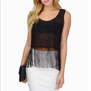 Black fringe sheer crop tank top with flower embroidery